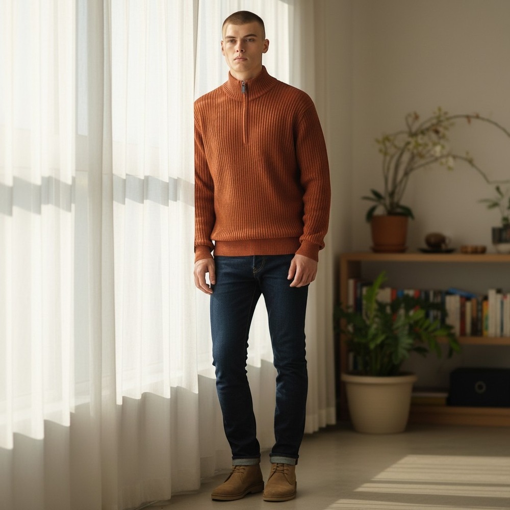 Daniel Cremieux Mens Rust Orange Cotton Silk Cashmere Quarter Zip Sweater Medium